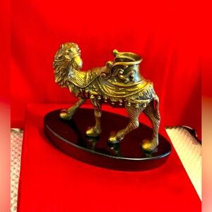 BRONZE CAMEL INKWELL & QUILL PEN HOLDER MARBLE BASE